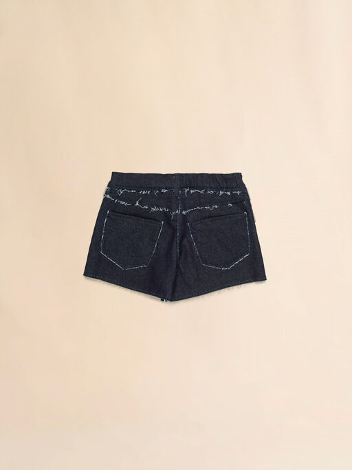 Deep blue stretch denim shorts with raw-cut edges - Pants