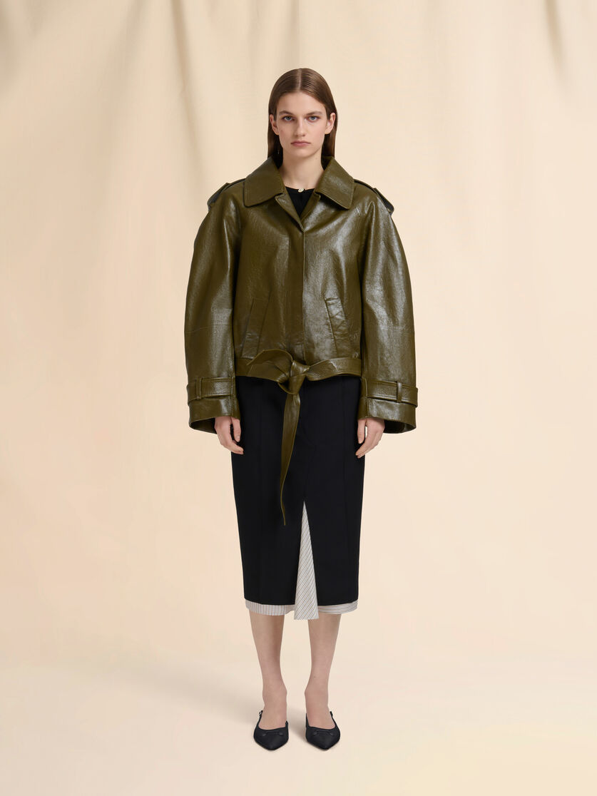 Deep green leather short trench coat - Jackets - Image 2