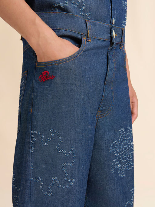 Blue chambray jeans with frayed sun motif - Pants