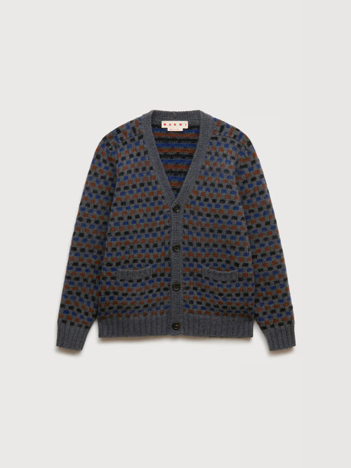 Grey and blue Shetland wool jacquard cardigan - Pullovers