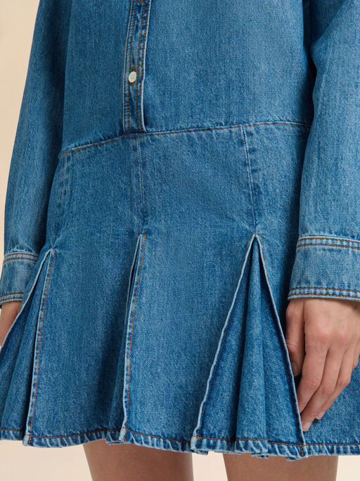 Blue denim mini dress with pleated skirt - Dresses