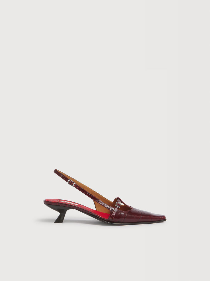 Burgunderfarbener T-Bar-Slingback aus Leder in Krokodil-Optik, Image 1