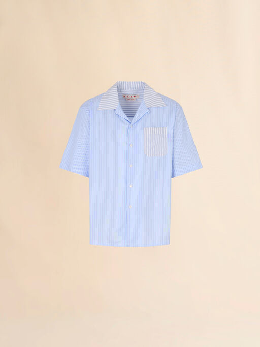 Blue striped poplin bowling shirt with contrast accents - Shirts