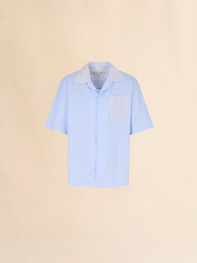 Blue striped poplin bowling shirt with contrast accents, Image 1