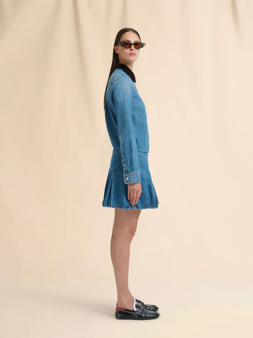 Blue denim mini dress with pleated skirt - Dresses