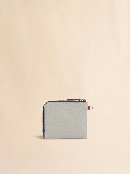 グレー レザー製ラウンドファスナーウォレット、コントラストステッチ入り - 財布