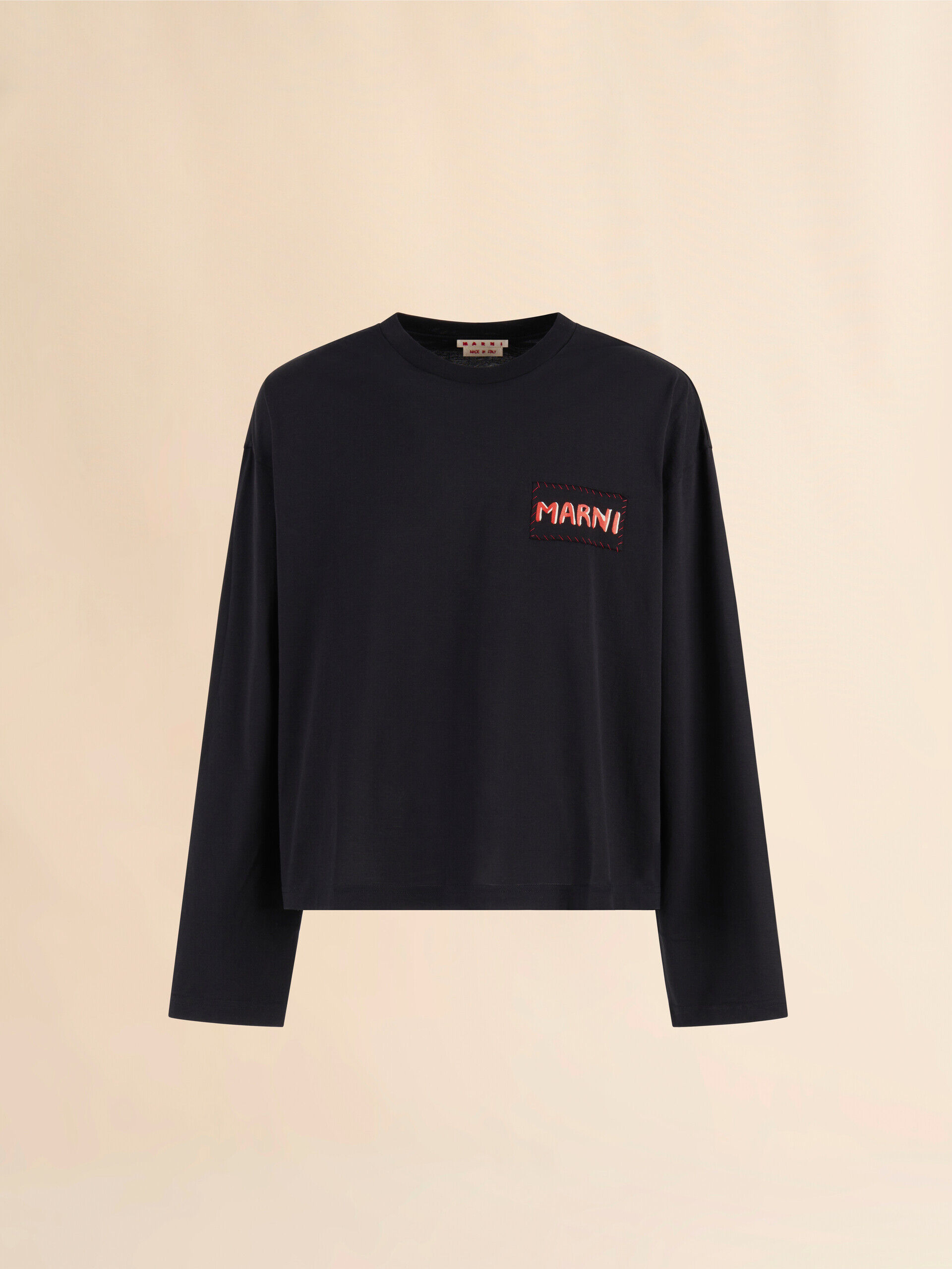 MARNI 長袖Tシャツ ブラック ロゴ刺繍 オーガニックコットン ブラック オーガニックコットンTシャツ、Mini マルニロゴ入り