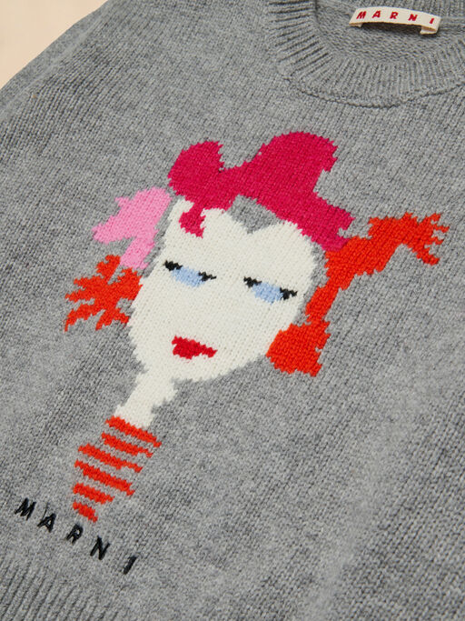 Grey melange wool-nylon jumper with intarsia lady - Knitwear