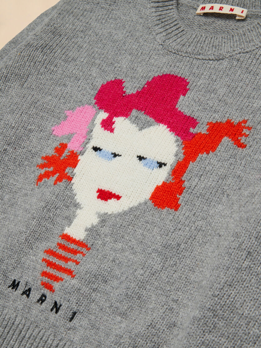 Grey melange wool-nylon jumper with intarsia lady - Knitwear - Image 4