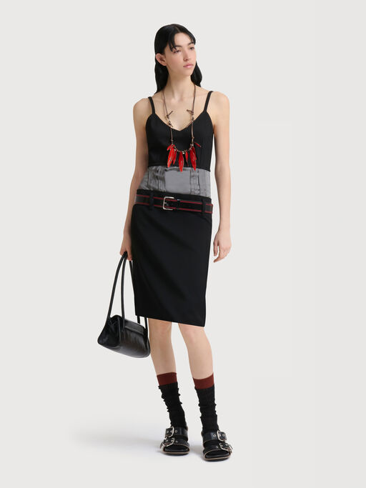 Black wool dress with satin waist - Dresses
