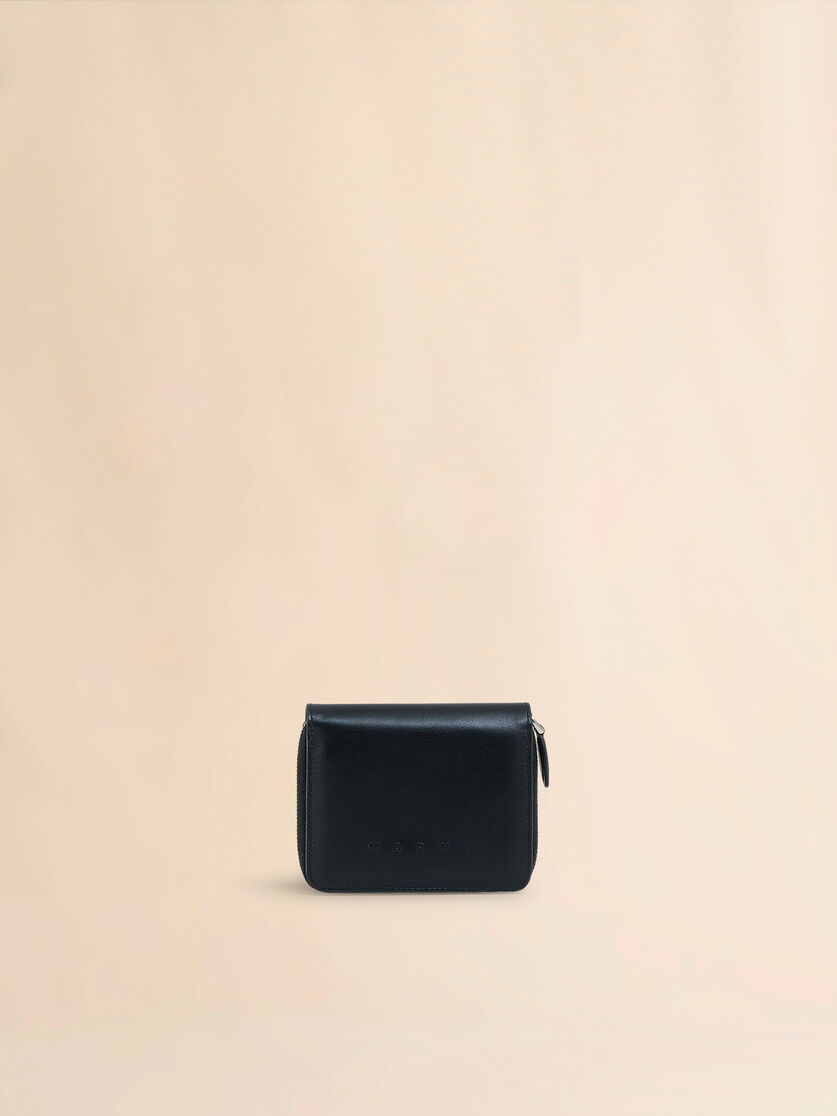 Black leather zip-around compact wallet with raised Marni logo - Wallets - Image 1