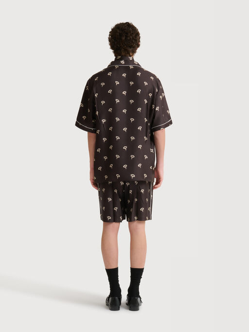 Brown silk twill pyjama shorts with floral print - Pants
