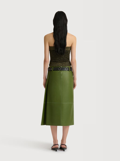 Green bonded nappa leather midi skirt with pocket - Skirts