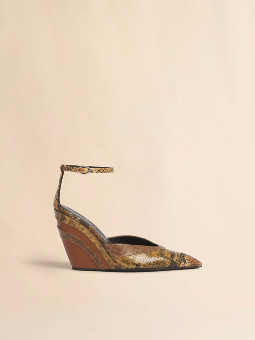 Brown leather pointed-toe wedge with mixed animal print - Pumps