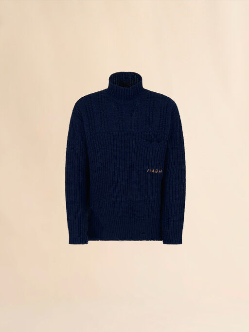 Dunkelblauer Pullover aus Wolle mit Used-Look am Saum - Pullover