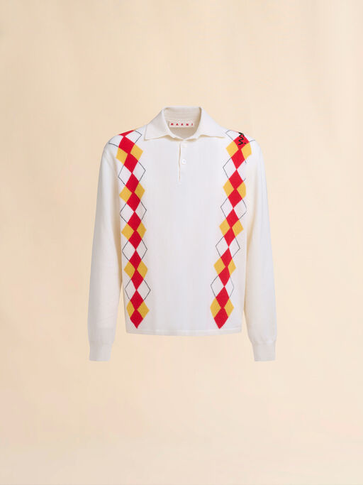 Long sleeved ivory polo shirt with intarsia Argyle detail - Shirts