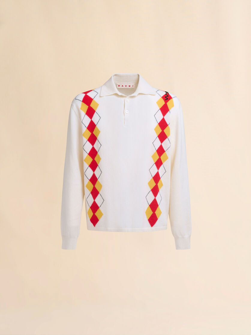 Long sleeved ivory polo shirt with intarsia Argyle detail - Shirts - Image 1
