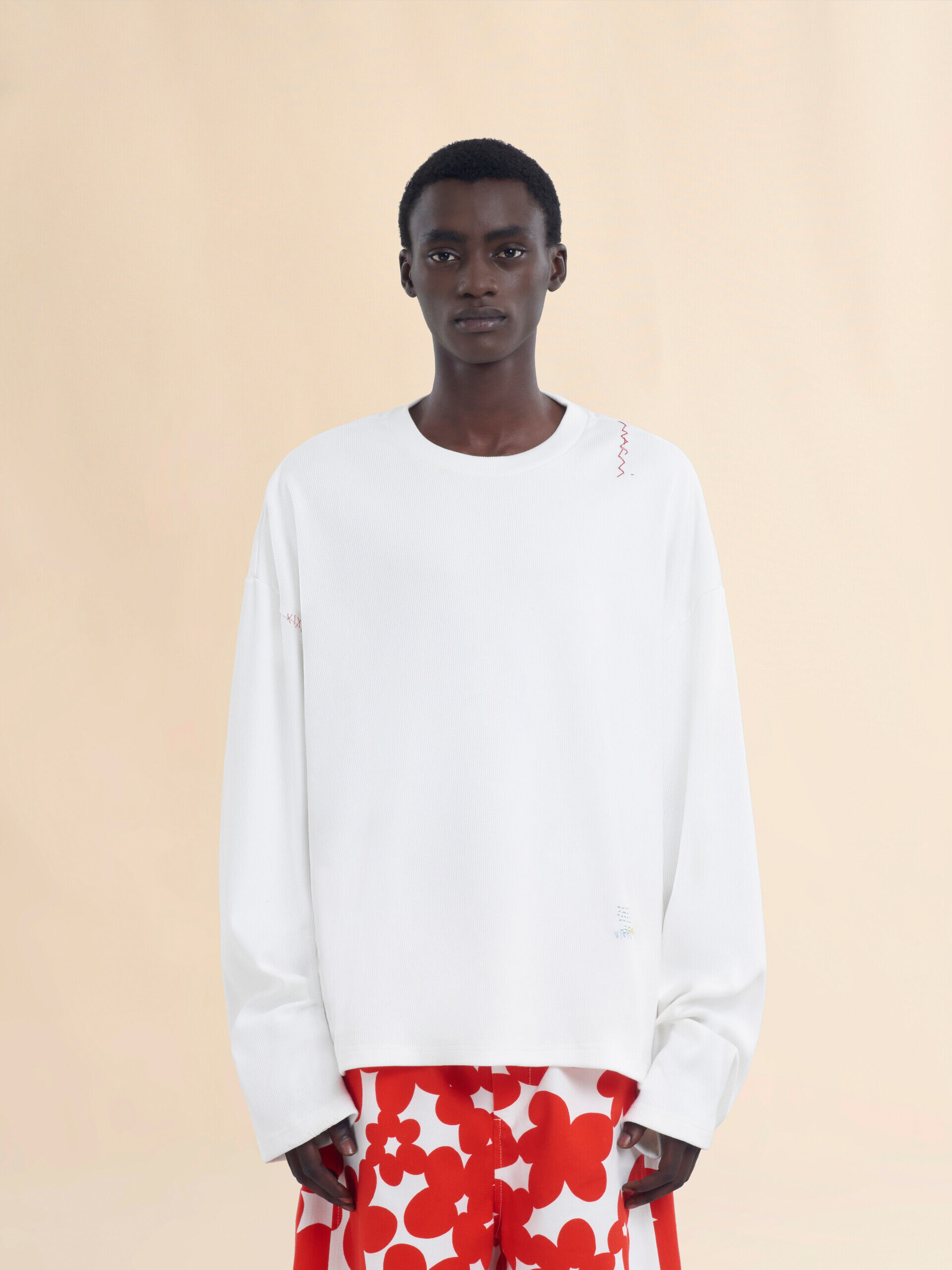 White ribbed cotton T-shirt with Marni Symbol | Marni