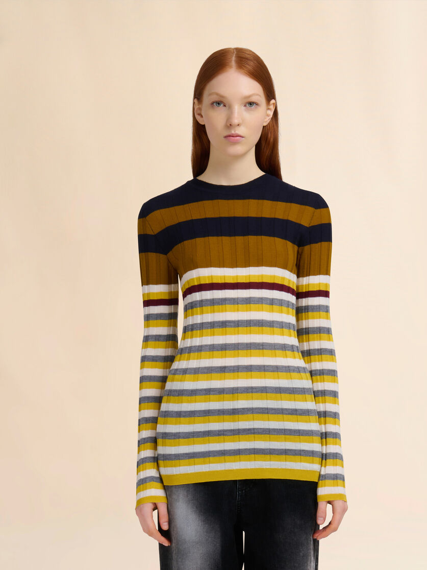 Yellow wool jumper with mixed stripes - Pullovers - Image 2