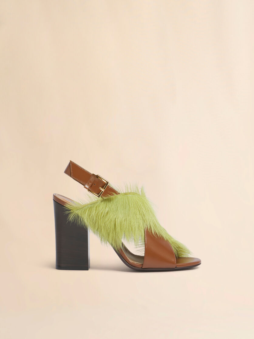 Brown and green leather and long-hair criss-cross sandal, Image 1