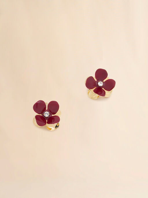 Boucles d'oreilles lobe avec fleur émaillée bordeaux - Boucles d’oreilles