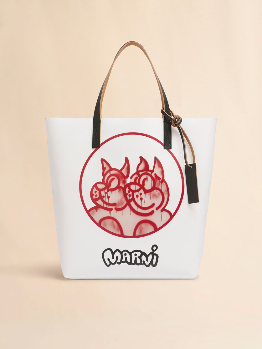 White and red fabric Tribeca tote with dogs print - Shopping Bags - Image 1