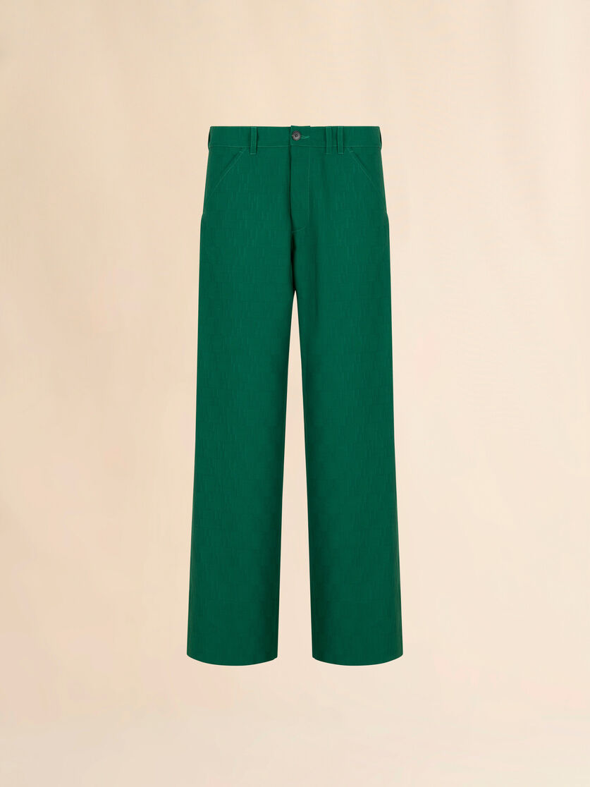 Green jacquard wool trousers with geometric motif, Image 1