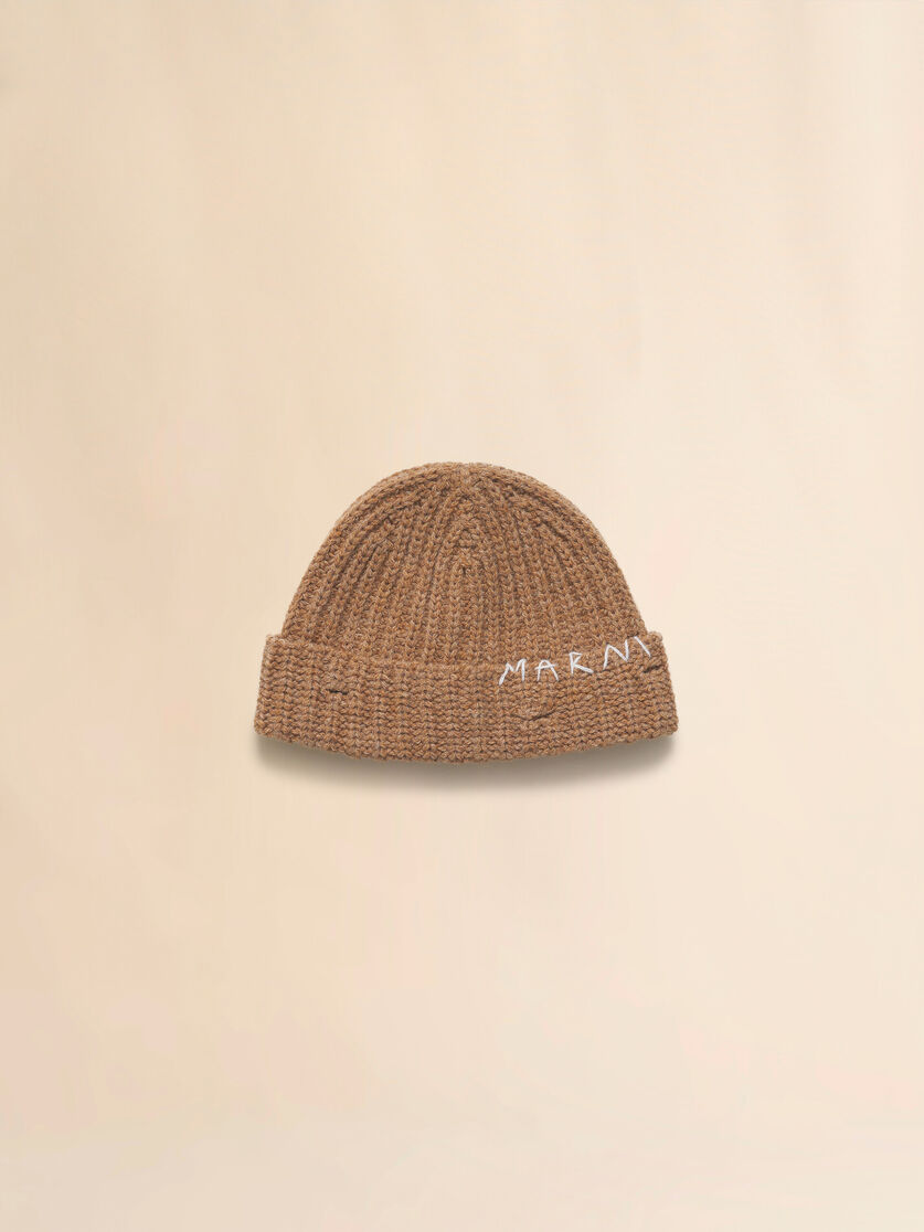 핸드 스티치 로고 장식 다크 그레이 리브 디테일 비니 - 모자 - Image 1