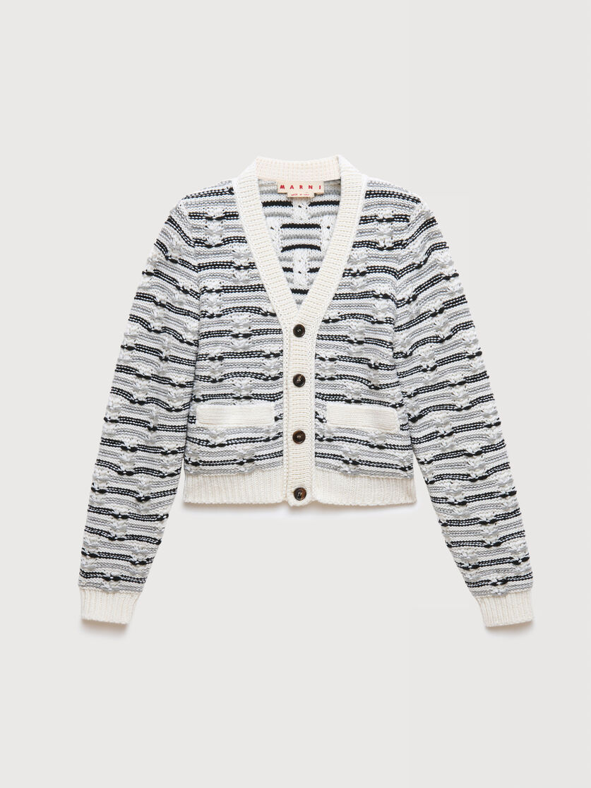 White and blue mixed stitch wool cardigan, Image 1