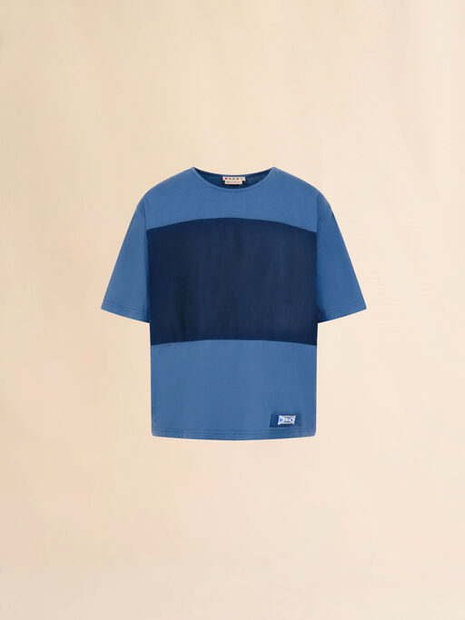 ブルー コットン製Tシャツ カラーブロックのフロント - シャツ