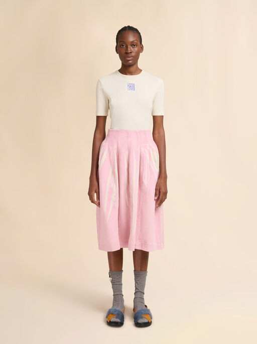 Blue screen-printed denim flared skirt - Skirts
