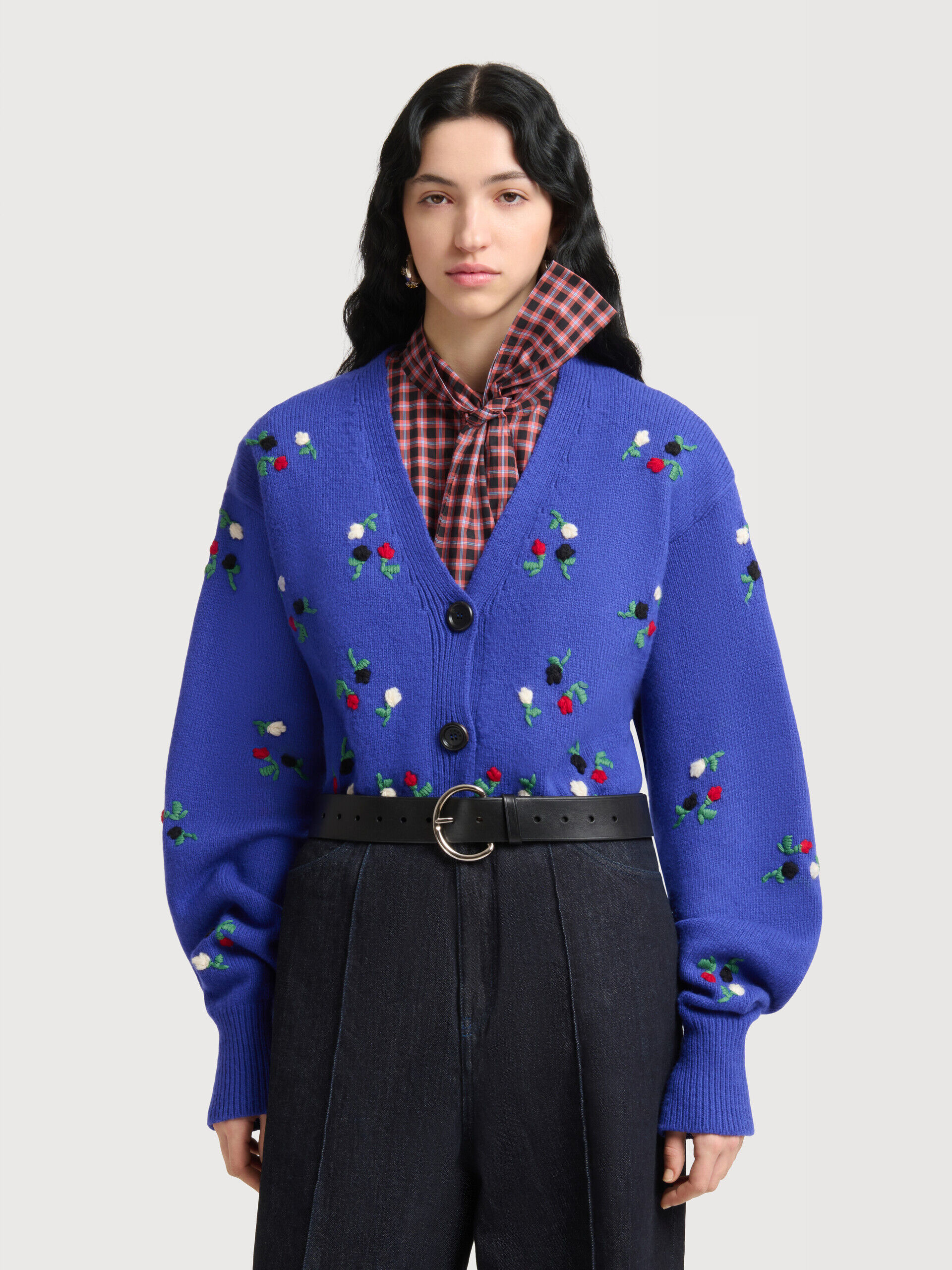 Blue wool-cashmere cardigan with flower embroidery | Marni