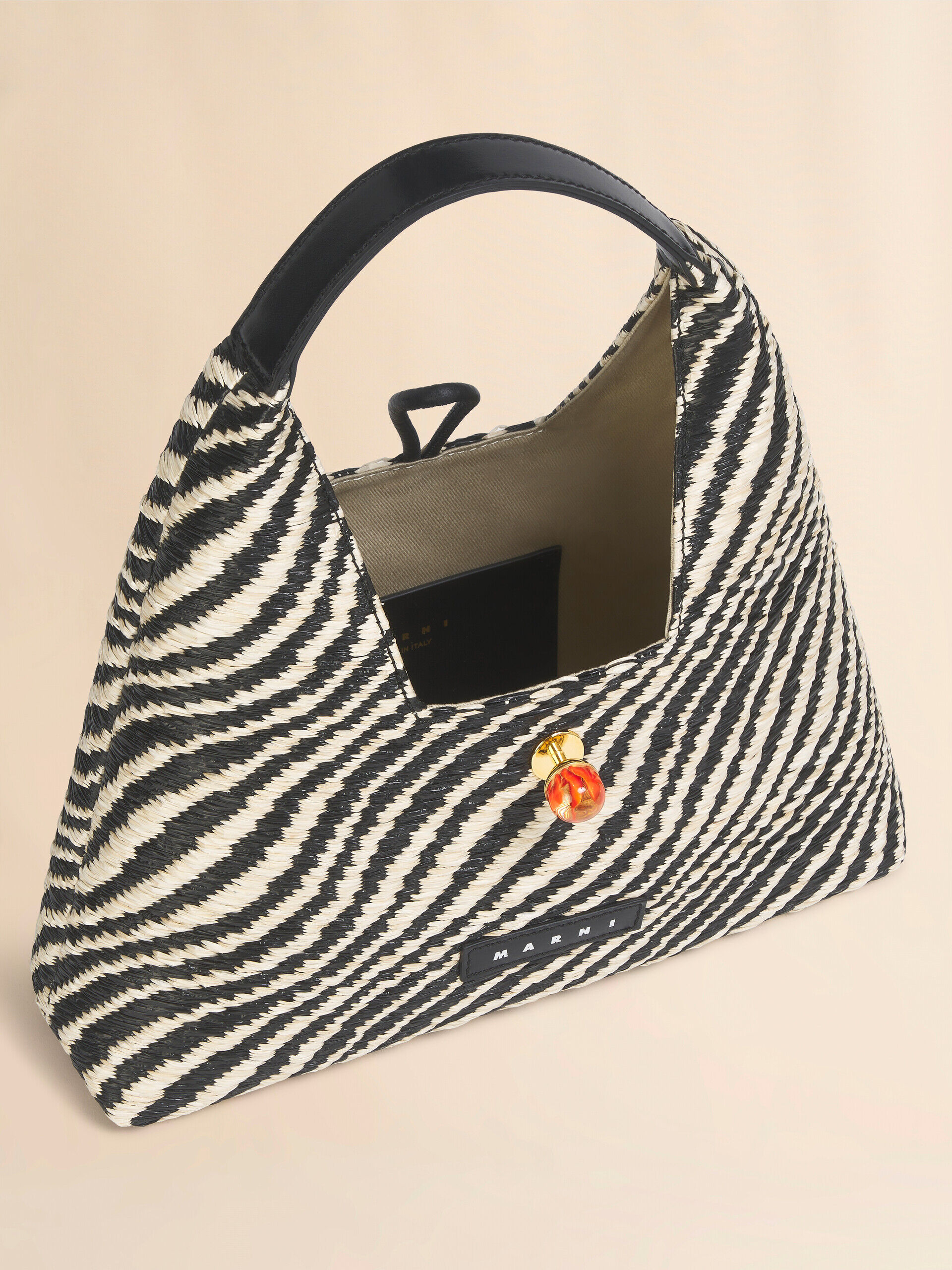 Black wavy raffia-effect Trapeze mini top handle bag | Marni