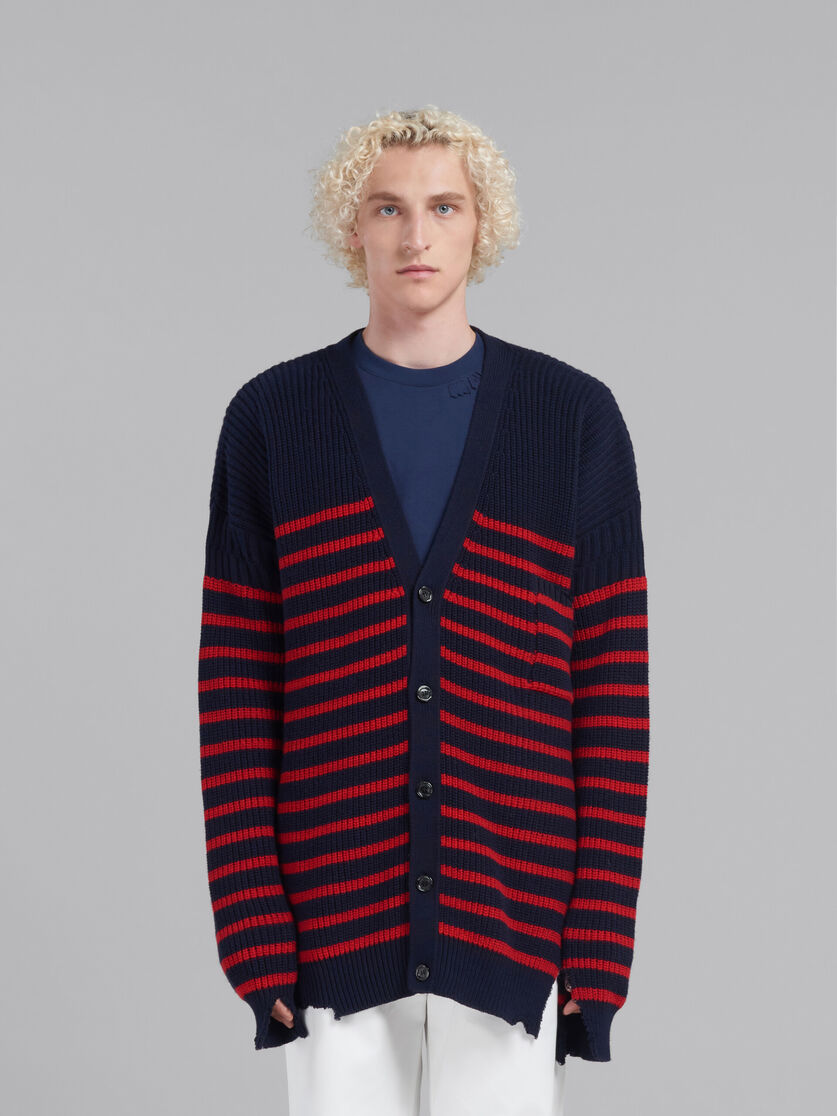 Blue wool and cotton striped fisherman cardigan - Pullovers - Image 2