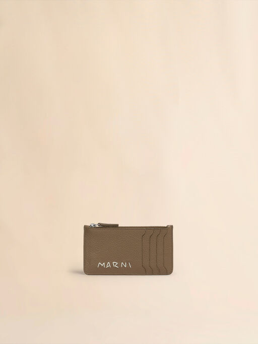 Brown leather card case with Marni Mending embroidery - Wallets