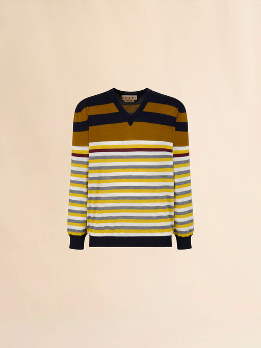 Yellow wool jumper with mixed stripes - Pullovers
