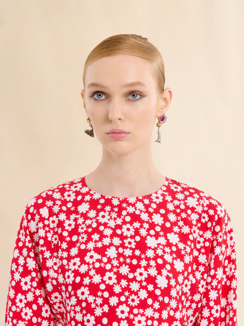 Satin midi dress with red and white Pop Fields motif - Dresses - Image 4