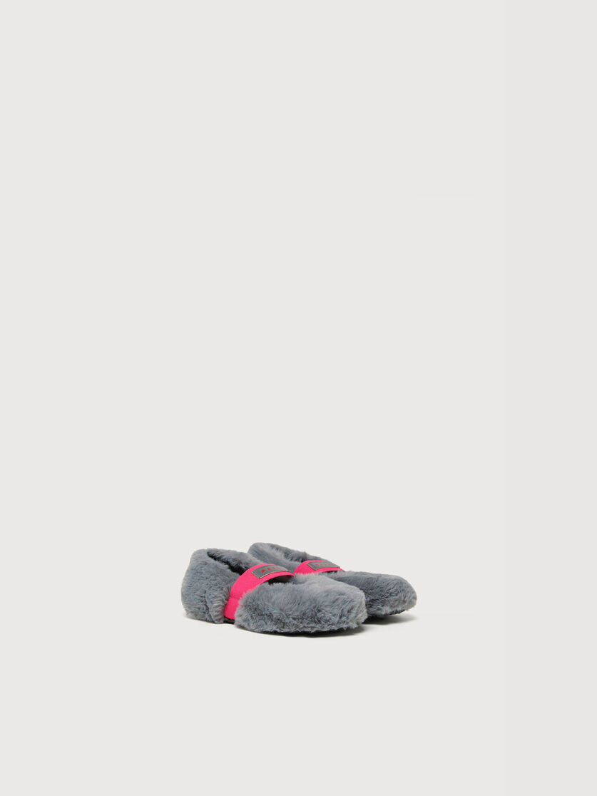 Grey faux fur ballerinas with logo elastic strap, Image 2