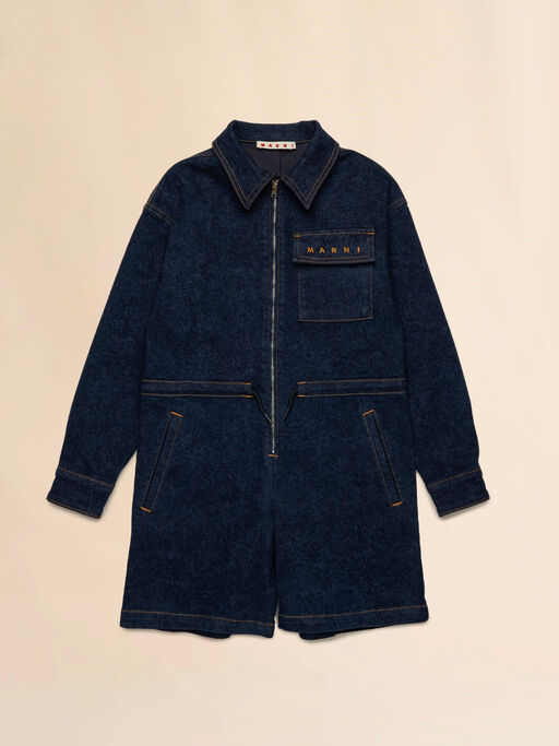 Blue denim playsuit with embroidered Marni logo - Pants