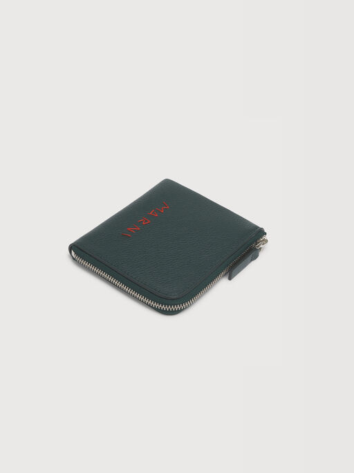 Deep green leather zip-around wallet with Marni Mending embroidery - Wallets