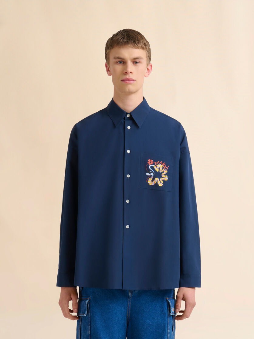 Deep blue cotton long-sleeved shirt with snake print - Shirts - Image 2