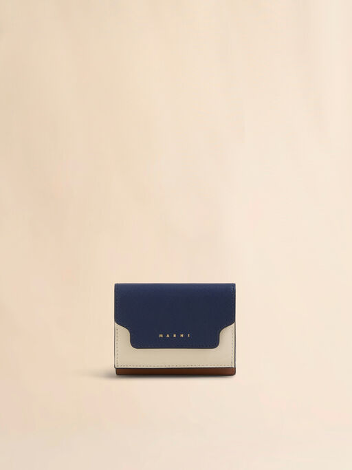 Trifold wallet in blue, cream and brown saffiano leather - Wallets