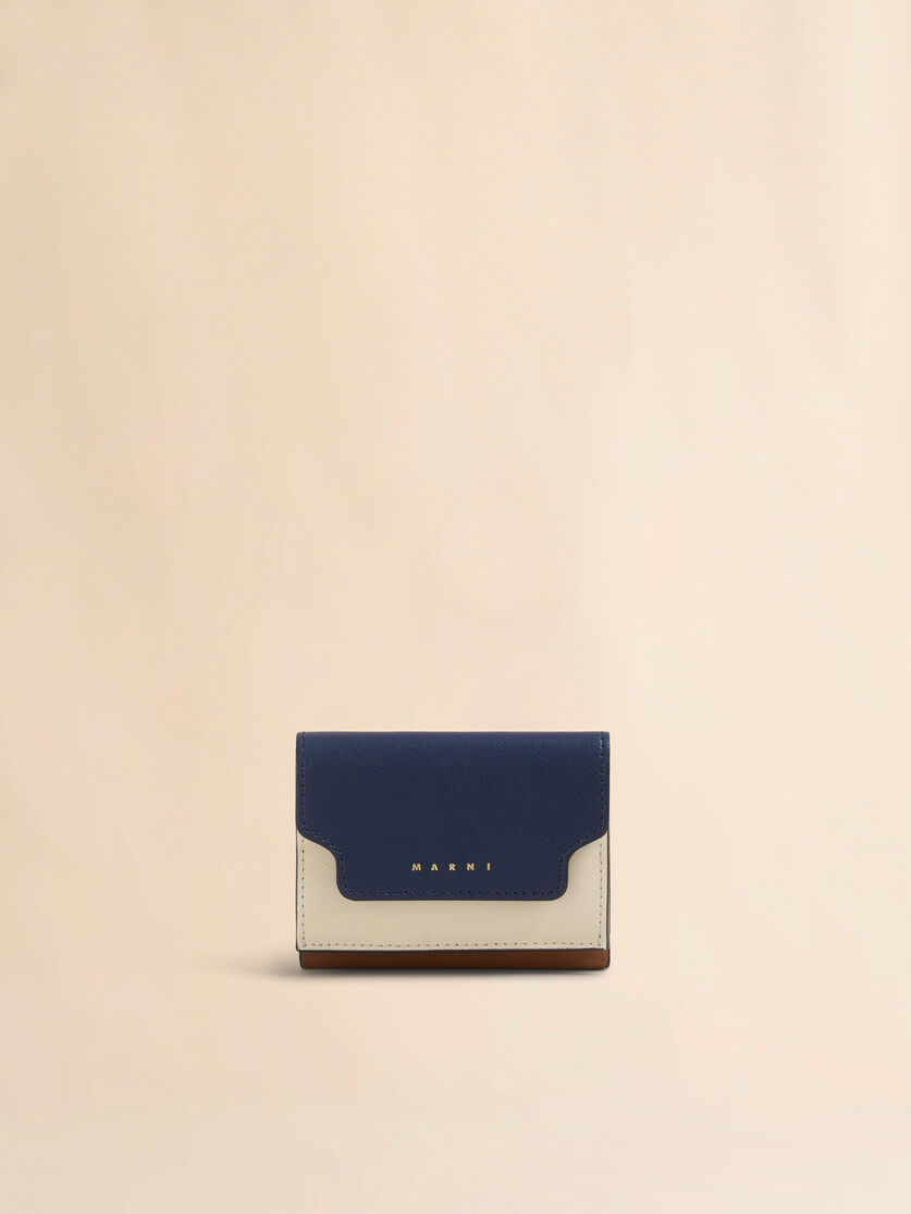 Trifold wallet in blue, cream and brown saffiano leather - Wallets - Image 1