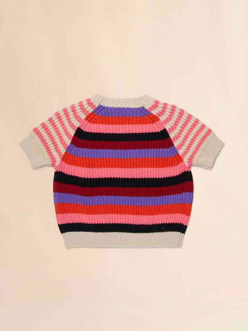 Maglia a maniche corte in cotone beige a righe - Maglieria