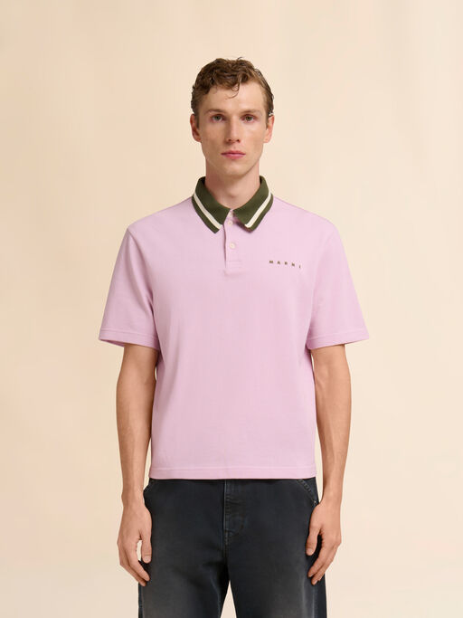 Pink piqué polo shirt with striped collar - Shirts
