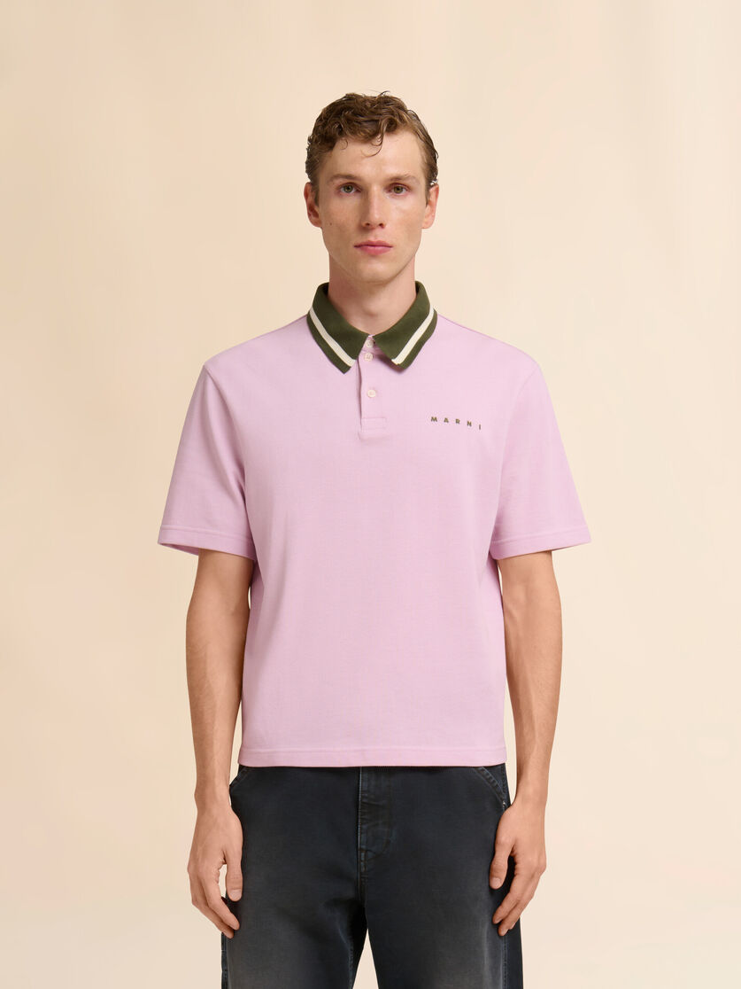 Pink piqué polo shirt with striped collar, Image 2