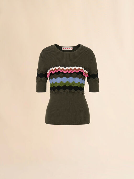 3Dウェーブディテール グリーン コットンジャンパー - プルオーバー