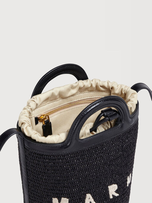 Tropicalia Small Bucket Bag in black leather and raffia-effect fabric - Shoulder Bag