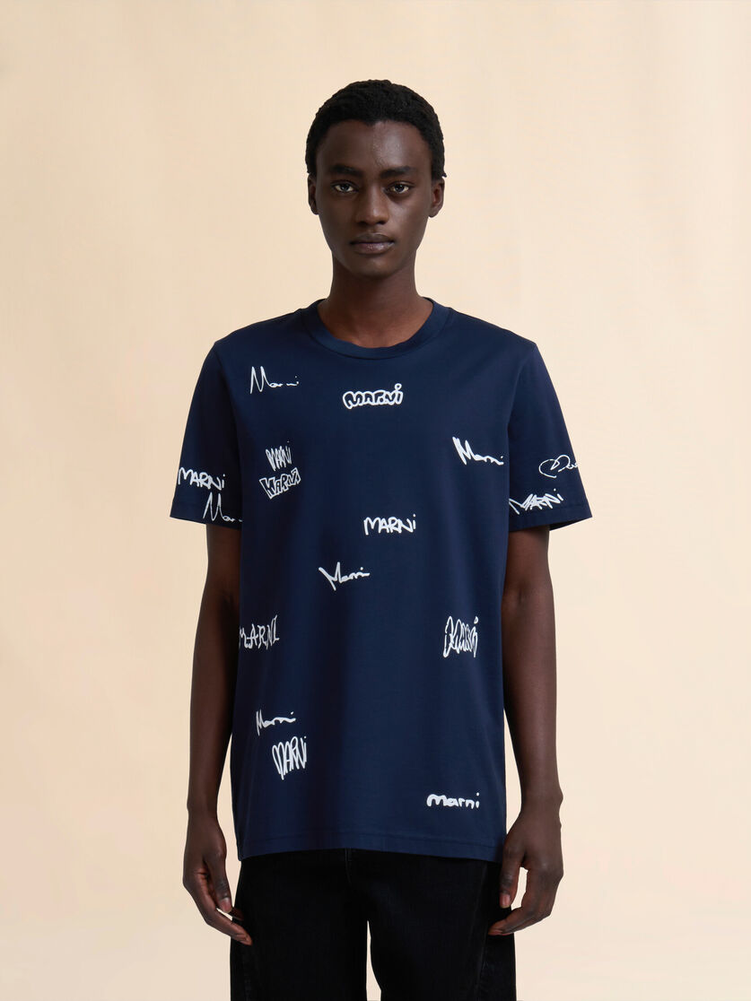 Deep blue cotton T-shirt with Multigram Marni print - Shirts - Image 2