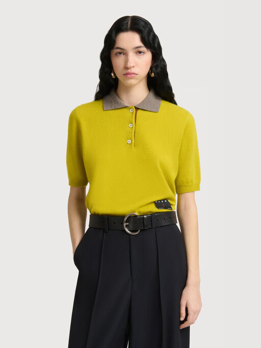 Yellow cashmere polo shirt with contrast collar - Shirts